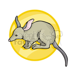The clipart image depicts a stylized illustration of a small grey animal, likely intended to represent a bandicoot or a similar creature, with prominent pink inner ears. The animal has a pointed snout and a long tail, which are characteristic features of bandicoots. It is set against a yellow circular background, which could be indicative of the sun or simply a design choice to highlight the creature.