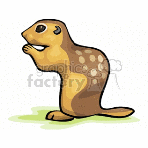The image displays a cartoon of a chipmunk eating. The chipmunk is depicted with brown fur, characteristic spots on its back, and a long tail. It appears to be sitting on a patch of green, which might be grass, as it holds what looks like a nut with its front paws up to its mouth.