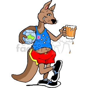The clipart image shows a cartoon-style drawing of an Kangaroo, dressed in red shorts, a blue top with the Australian flag on. It is holding a beer in one hand, and a globe in the other, with the Australian continent marked out