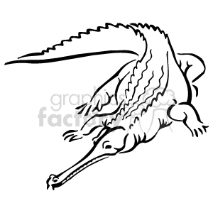 The clipart image depicts an alligator or crocodile. The creature is shown in profile, with details such as its elongated snout, visible teeth, powerful limbs, and the distinctive ridged tail that characterizes crocodilians. This black and white line art illustration captures the reptilian features typically associated with alligators and crocodiles.