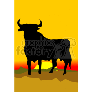 The clipart image shows a silhouette of one oxen walking towards the sunset in a desert-like landscape.
