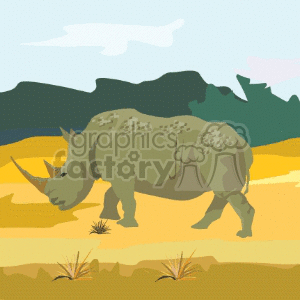 The image is a clipart depicting a rhinoceros walking across what appears to be an open plain with patches of grass. The background features a subdued color palette with hints of green and blue, indicating a sky with light clouds, and a series of hills or distant mountains. There's no indication of a jungle, but rather an African savanna or plain.