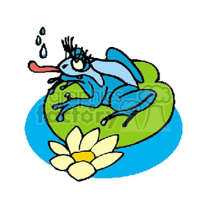 The clipart image features an anthropomorphized female frog characterized by blue color, long eyelashes, and a flower on her head. The frog is sitting on a green lily pad in water, with a white and yellow lily flower nearby. Water droplets appear to be splashing by the frog's tongue, which is sticking out, possibly catching something.