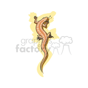The image is a stylized illustration of a lizard, in shades of tan and brown. It has a slender body with pronounced curves, depicted in a dynamic twist or curve, suggesting motion or flexibility. The background is a simple splash of a lighter color, accentuating the lizard.