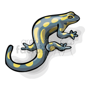 The clipart image displays a stylized illustration of a salamander. It is designed with yellow spots on a blue-gray background and is depicted in a side profile, walking towards the right with a slight upward curve of its tail.