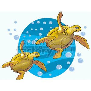 This clipart image shows two cartoon sea turtles swimming in the ocean. They appear vibrant and animated, with patterns on their shells. The background is a blue, wavy water pattern with air bubbles, which suggests that the sea turtles are underwater.
