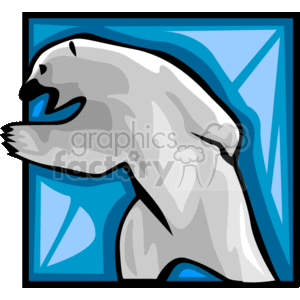 This clipart image shows a stylized rendition of a polar bear. The bear is depicted in a dynamic pose, with characteristics such as being upright and appearing to lunge or attack. Its mouth is open, showing its teeth, and it has an aggressive or defensive stance. The color palette is limited, with the bear mainly in white with some shading to suggest form and dimension. The background features abstract blue shapes that might represent ice or the arctic environment, which is the natural habitat of polar bears.