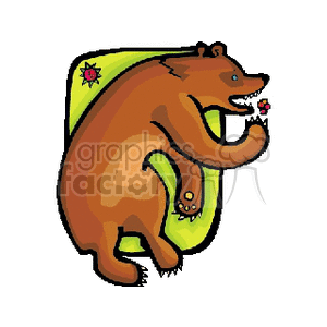 The clipart image depicts a stylized brown bear standing on its hind legs. The bear appears to be in a playful or animated pose and is holding what looks like a small flower or berry in one of its paws. There's a hint of an abstract or simplistic green background with a couple of red star-like figures, possibly intended as flowers or decorative elements.