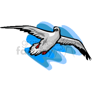 The image is a clipart illustration of a seagull in flight over a stylized blue background, which may represent the ocean or sky. The seagull is depicted with its wings spread wide and it appears to be gliding. The seagull has a white body with gray shading on its wings and tail, and there are red details on the underside of the wings. The background consists of various shades of blue, with a wavy pattern that gives a sense of movement or water ripples.