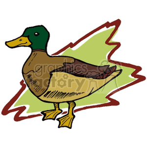 The clipart image shows a stylized illustration of a mallard duck. The duck is characterized by its distinct coloring, with a green head, brown body, and yellow feet. The background is abstract with green and red jagged outlines, which could be representing the environment or simply a decorative element.