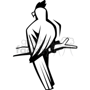 The image is a black and white clipart illustration of a bird perched on a branch. The bird appears to be a stylized version of a tropical parrot or cockatoo, recognizable by its curved beak and crest of feathers atop its head.