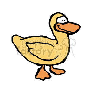 The image is a cartoon drawing of a duck. It is a bright yellow color, with an orange beak and webbed feet. Its wings are slightly outstretched, and its tail feathers are slightly raised. The background of the image is white