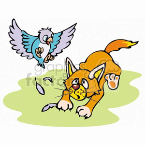 This clipart image depicts a cartoon scene where a cat is chasing a bird. The cat has an orange fur color with some white patches and is illustrated in a running pose with one of its paws extended forward. There are motion lines around the cat indicating movement. The bird is blue with a lighter colored belly, has outstretched wings, and appears to be flying away from the cat.