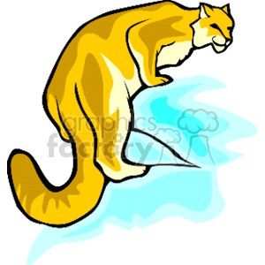 This is a clipart image of a yellow and golden-colored snow leopard cat with some spots sitting on what appears to be an icy blue surface. The style of the image is cartoonish and simplistic.