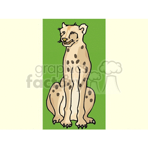 The clipart image depicts a stylized cartoon drawing of a big cat, most likely intended to be a member of the broader feline family, with features that resemble a leopard, jaguar, or cheetah, such as spots on its body. However, the cartoon style gives it a simplified and playful appearance rather than a realistic depiction. It's standing upright on its hind legs, which is not a natural pose for these animals, further emphasizing that this is a fanciful illustration.