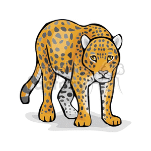 The clipart image features a stylized representation of a big cat with a yellowish coat covered in black spots, which is indicative of either a leopard or cheetah. However, due to the artistic nature of the image, it may not accurately represent the specific physical characteristics that differentiate a leopard from a cheetah.
