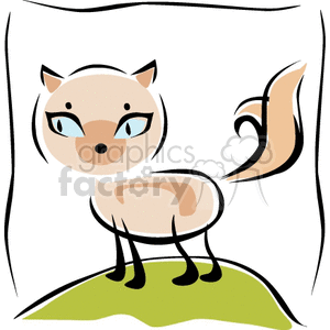 The image is a simplified, stylized depiction of a cat. The cat has a beige and light brown color scheme, with distinct markings on its face, tail, and body. It is standing on what looks like a patch of green ground, possibly grass. The feline has large blue eyes and a small, petite figure, indicating it may represent a kitten or a small cat breed. The style is cartoon-like, suitable for children's illustrations or casual, friendly content.