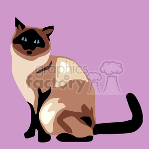This clipart image features a stylized depiction of a Siamese cat. The cat has a cream-colored body with darker shades on its extremities, such as the ears, face, paws, and tail, which is typical of the Siamese breed. It has large, blue almond-shaped eyes and is sitting against a plain purple background.