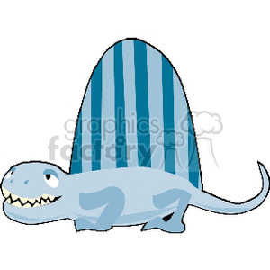 The image is a clipart representation of a simplified, cartoonish dinosaur. It's a stylized version with exaggerated features for comedic or child-friendly appeal. The dinosaur is blue with darker blue stripes on its back and a playful grin, adding to its approachable and whimsical character.