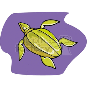 The image shows a stylized clipart of a sea turtle illustrated with simple lines and flat colors, predominantly yellow and green, set against a purple background.