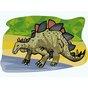The clipart image displays a stylized cartoon of a dinosaur resembling a Stegosaurus. This dinosaur is known for its row of distinctive bony plates along its back and tail tipped with spikes. The dinosaur is depicted on a simple background suggesting a natural, ancient environment with green foliage and a blue-gray land or water feature.