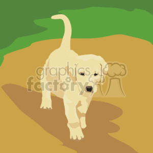 In this clipart, there is an image of a light-colored Labrador Retriever puppy. The puppy is standing on what looks like a dirt surface with a green backdrop that could represent grass or bushes. The dog is looking forward with its tail raised, suggesting a playful or curious stance. This is a stylized representation commonly seen in clipart, meant to depict a young dog, possibly a pet or a domestic animal, in a simplified and approachable manner.