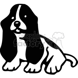 The image is a black and white clipart of a dog, specifically a Spaniel breed.