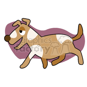 The clipart image shows a playful tan and white dog with a spot over one eye, a large round nose, and a floppy ear. The dog appears to be in mid-run or leap, and there's a stylized purple shape in the background.