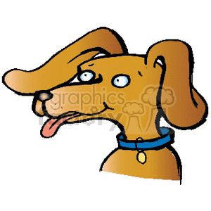The clipart image depicts a cartoon representation of a brown dog with large floppy ears, blue eyes, and a blue collar with a tag. Its tongue is sticking out playfully.