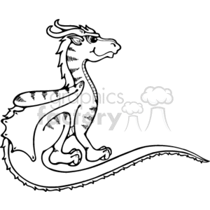 The image depicts a line drawing of a dragon sitting upright with its tail extending out smoothly. Its head is turned slightly to the side, showing a profile view with a somewhat proud or noble expression. The dragon has a pair of horns on its head and wings attached to its back. The style seems to be a mix of playful and storybook, conveying a kind of fantasy or medieval aesthetic, typical for dragon representation. The art style is reminiscent of illustrations one might find in a children's book or as part of a fantasy-themed collection, implying that the dragon might be designed to appear cute or whimsical rather than fierce or intimidating.