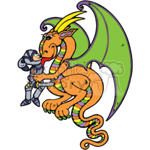 This is an image of a whimsical, cartoon-style dragon with a knight. The dragon is depicted in a playful manner rather than a threatening one, with bright colors and a smiling face. The dragon has large wings, horns, and a tail. The knight appears to be small in comparison and is wearing medieval armor including a helmet. They seem to be interacting in a friendly manner, which is a humorous take on the traditional medieval theme of knights battling dragons.