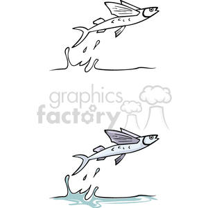 This clipart image depicts two illustrations of a single fish jumping out of the water. The top portion of the image shows the silhouette of a fish in mid-air just above the waterline, with water droplets trailing behind it as if it has just leapt from the water. The bottom portion of the image is similar but includes a splash of water at the base, indicating the point from which the fish has jumped. Both fish are depicted in a simple cartoon style with visible fins and eyes, and the overall image has a light and playful feel.