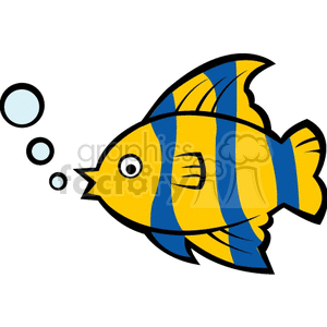 The image is a clipart illustration of a cartoon fish, often suggestive of tropical or aquarium fish species because of its vibrant yellow and blue stripes. The fish is depicted in profile, with its mouth open, expelling three bubbles.