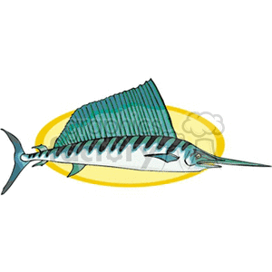The clipart image depicts a stylized illustration of a swordfish, which is a type of large, predatory fish recognizable by its long, flat bill. The fish is shown with a distinctive dorsal fin and sleek body, common characteristics of this species. The background consists of simple circular shapes, possibly representing water or the ocean, with colors that complement the fish's design.