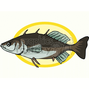 The image is a cartoon clipart depicting a fish. The fish is designed with simple lines and colored in shades of gray and white with distinct fins and a tail. It's set against a pale yellow oval background which might represent a simplified water environment.