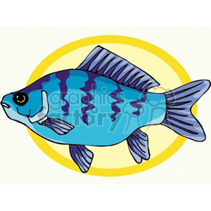 The clipart image shows a stylized fish with blue and darker blue stripes. The fish has a prominent dorsal fin and its tail is displayed as well. It is centered within a yellow circular background, and the image uses bold lines and colors, typical of clipart style.