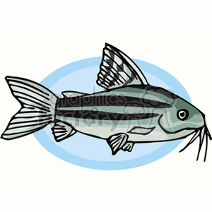 The clipart image depicts a cartoon fish with stripes and whisker-like appendages. The fish appears to be swimming against a simple blue and white background, which may represent water.