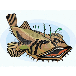 The image appears to be a clipart illustration of an exotic fish. The fish features prominent stripes, a sizable dorsal fin, pointed teeth, and what looks like whisker-like appendages around its mouth.
