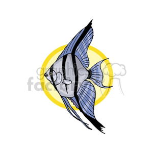 The image is a clipart illustration of a single tropical fish. The fish has prominent fins and is depicted with stylized blue stripes against a light body. It is set against a circular yellow background, which might represent the sun or a simplified water background.