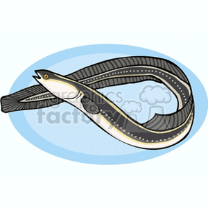 The clipart image shows a stylized illustration of an eel. The eel has a long, slender body with a wavy outline, indicative of its flexible nature. Its coloration is a pattern of dark and lighter stripes, with a lighter underbelly. The eel's mouth is slightly open, showing a small tongue or mouth detail, and its eye is prominent with a simple design.