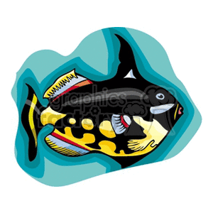 This image is a stylized clipart featuring a colorful tropical fish. The fish has a pattern of yellow and black spots with highlights of red, and it is set against a light blue water-like background.