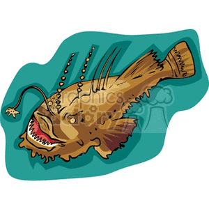 The image shows a stylized representation of an anglerfish, a type of deep-sea fish known for its characteristic bioluminescent lure, which protrudes from its forehead to attract prey. The fish has an exaggeratedly large mouth filled with sharp teeth, adding to its menacing appearance. The background suggests an underwater environment.
