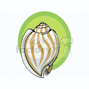 The image is a clipart representation of a seashell. It features a stylized seashell with a swirled pattern, primarily in a striped white and tan color scheme. The shell is depicted against a circular background with shades of green, giving a hint of a marine or beach setting.