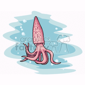 The clipart image features a stylized illustration of a squid. The squid is depicted with a large, pointed head and tentacles. The background suggests it's an underwater scene, likely hinting at the squid's natural aquatic habitat. The colors are soft with a predominant use of pink for the squid and blues for the water, which include some bubble details, giving the illustration a whimsical, cartoonish feel.