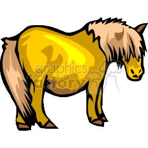 The image is a stylized clipart of a horse. It features bold outlines and solid fills with shades to suggest dimension and muscle tone. The horse appears to be standing, and the colors are mostly in tones of yellow and brown. This kind of image would be suitable for various design purposes like educational materials, children's books, or farm-related signage and promotional material.
