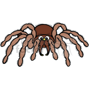 The image is a cartoon representation of a spider, which resembles a tarantula. It's characterized by a large brown body, eight legs, and cartoonish facial features including large, friendly eyes and a small mouth. This depiction is stylized and designed in a way that might be appealing in a children's book or as a friendly character in an educational setting, rather than a scientifically accurate representation.