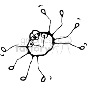 The image appears to be a simple black and white line drawing of an anthropomorphic spider with a cartoonish and humorous style. The spider has a rounded body with a prominent face that exhibits exaggerated features—large, round eyes, and an expressive mouth. It has eight legs, each ending with a little loop, suggesting a light-hearted or whimsical depiction rather than a realistic one. There appear to be no elements in the image that suggest a particular country or style, nor are there any pink colors as the image is in monochrome.