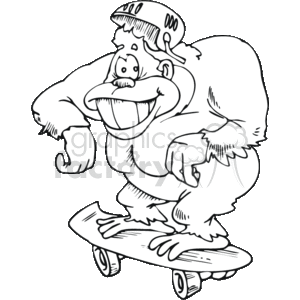 This is a black and white clipart image of a stylized gorilla riding a skateboard. The gorilla is depicted with a playful expression, wearing a helmet, and is standing with both feet on the skateboard, which has visible wheels. The gorilla appears to be in motion, as suggested by the dynamic posture and the trailing lines behind the helmet, suggesting fast movement or speed. The style of the drawing is cartoonish with exaggerated features for a humorous effect.