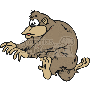 The image is a clipart depicting a stylized cartoon representation of an ape, which looks like a generic monkey character. It's designed in a whimsical and exaggerated style, showing the creature in motion, potentially running or leaping forward with its arms outstretched and legs bent behind. The monkey has a playful expression on its face.
