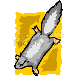 The clipart image depicts a stylized illustration of a flying squirrel. The animal is shown in mid-glide, with its distinctive patagium (the flap of skin that stretches between its front and back legs) extended, which allows it to glide from tree to tree. The background is an abstract splash of yellow, possibly representing the sky or a blurred tree canopy the squirrel is passing by. The squirrel itself has a gray body, a large bushy tail, and is in a pose that suggests it's gliding through the air.
